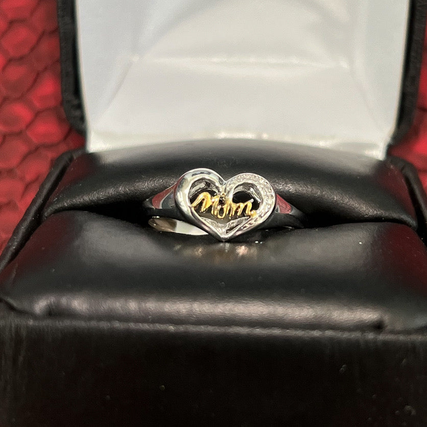 Two Tone "MOM" Heart Ring With Diamond Accents