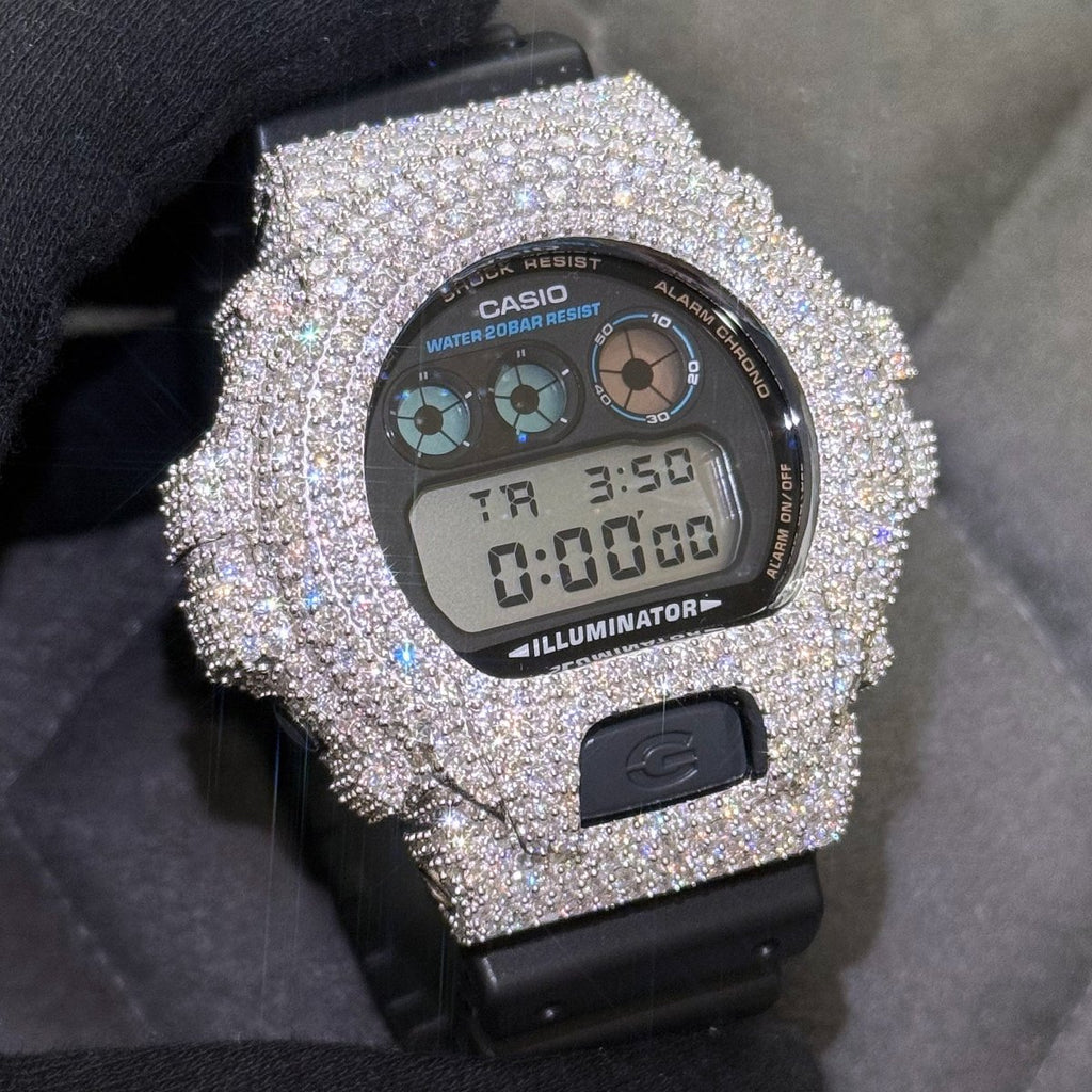 White Gold Crushed Out Moissanite G Shock Watch - JewelryFresh
