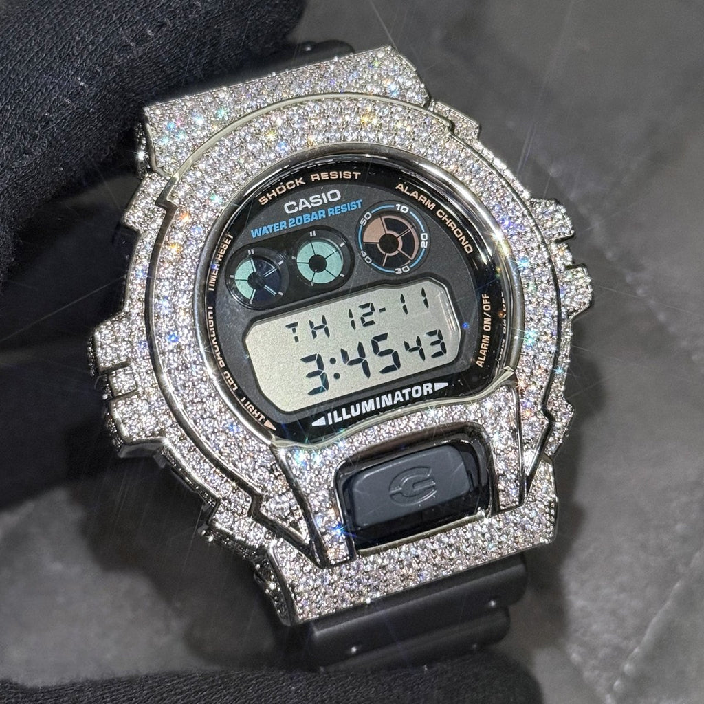 White Gold Finish Iced Out G Shock DW6900 - JewelryFresh