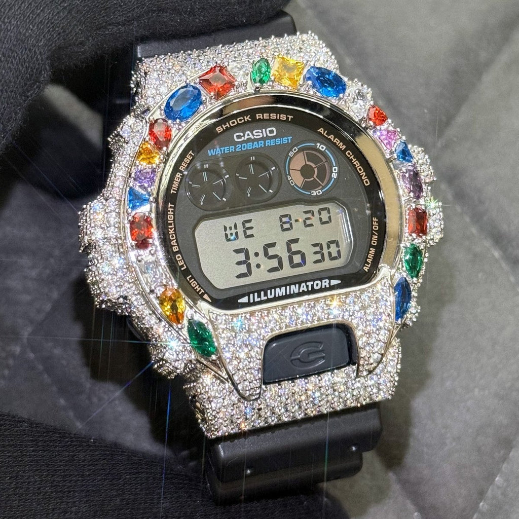 White Gold Multi Gemstone Custom G Shock Watch - JewelryFresh
