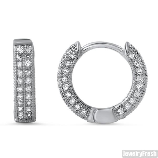 thumbnail image 2 of Iced One Row CZ 14K Gold Plated 925 Sterling Silver Men's Huggie Hoop Earrings | Round White Stones | Screw Back 2 of 4