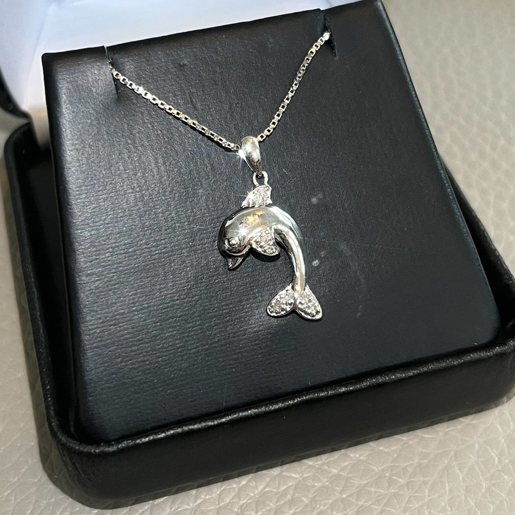 Silver 0.05 Carat Diamond Dolphin Necklace