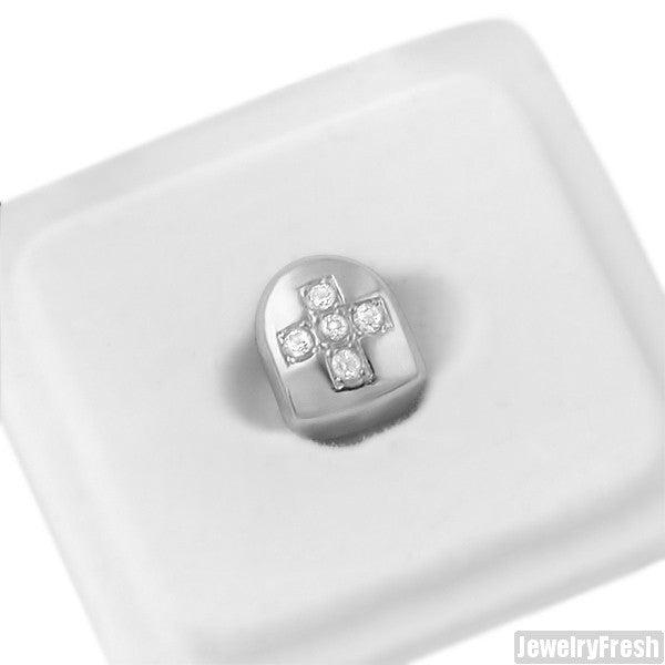 Silver Single Tooth Grill Cap Cross Iced