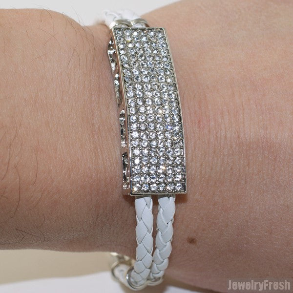 White 2 Strand Braided Leather Crystal Bracelet