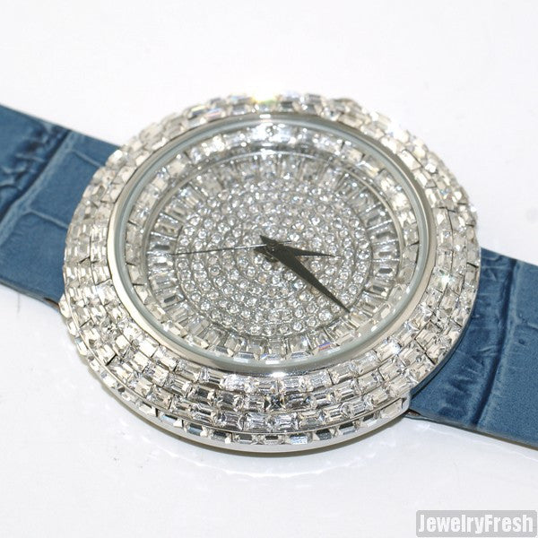 Silver Baguette Ice Orbit Watch Blue Leather