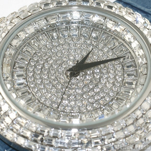 Silver Baguette Ice Orbit Watch Blue Leather