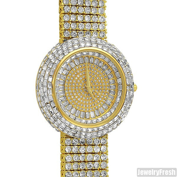 Fully Flooded Gold Ice Orbit Baguette Watch