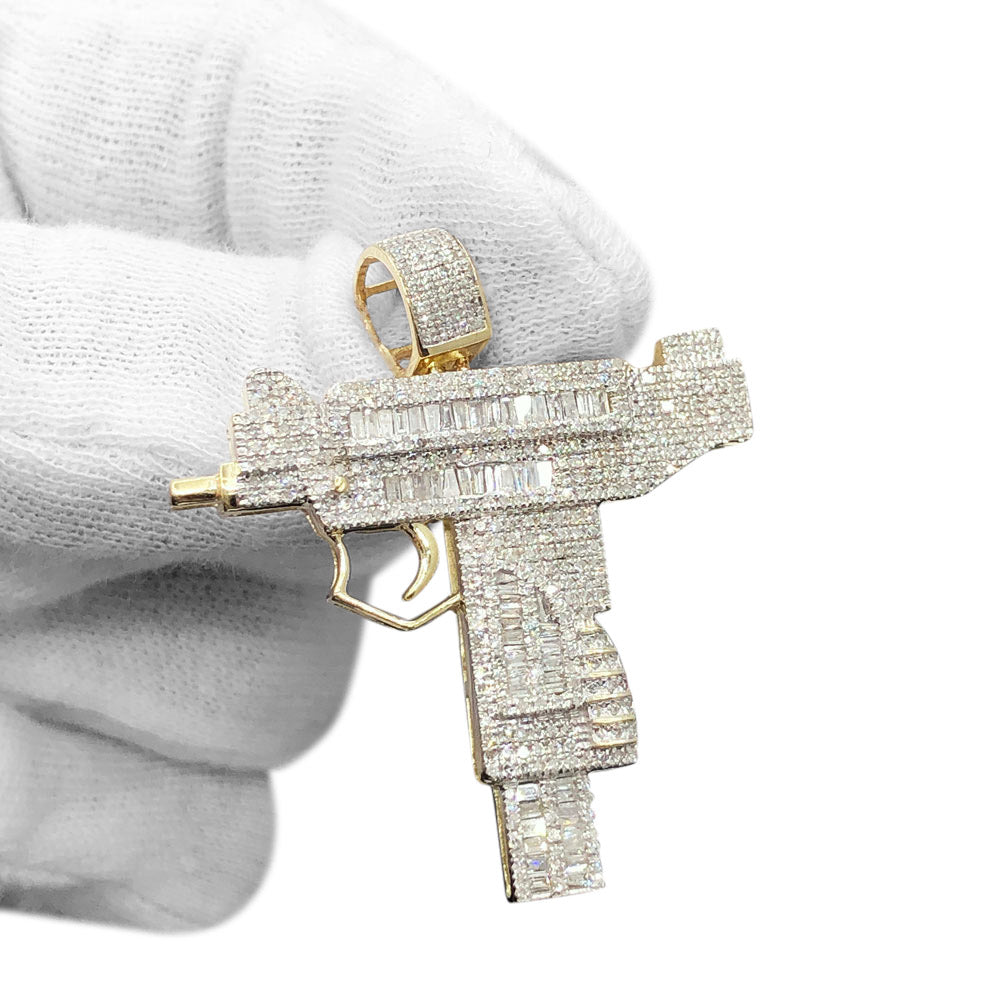 10K Gold Baguette Diamonds Uzi Gun Pendant