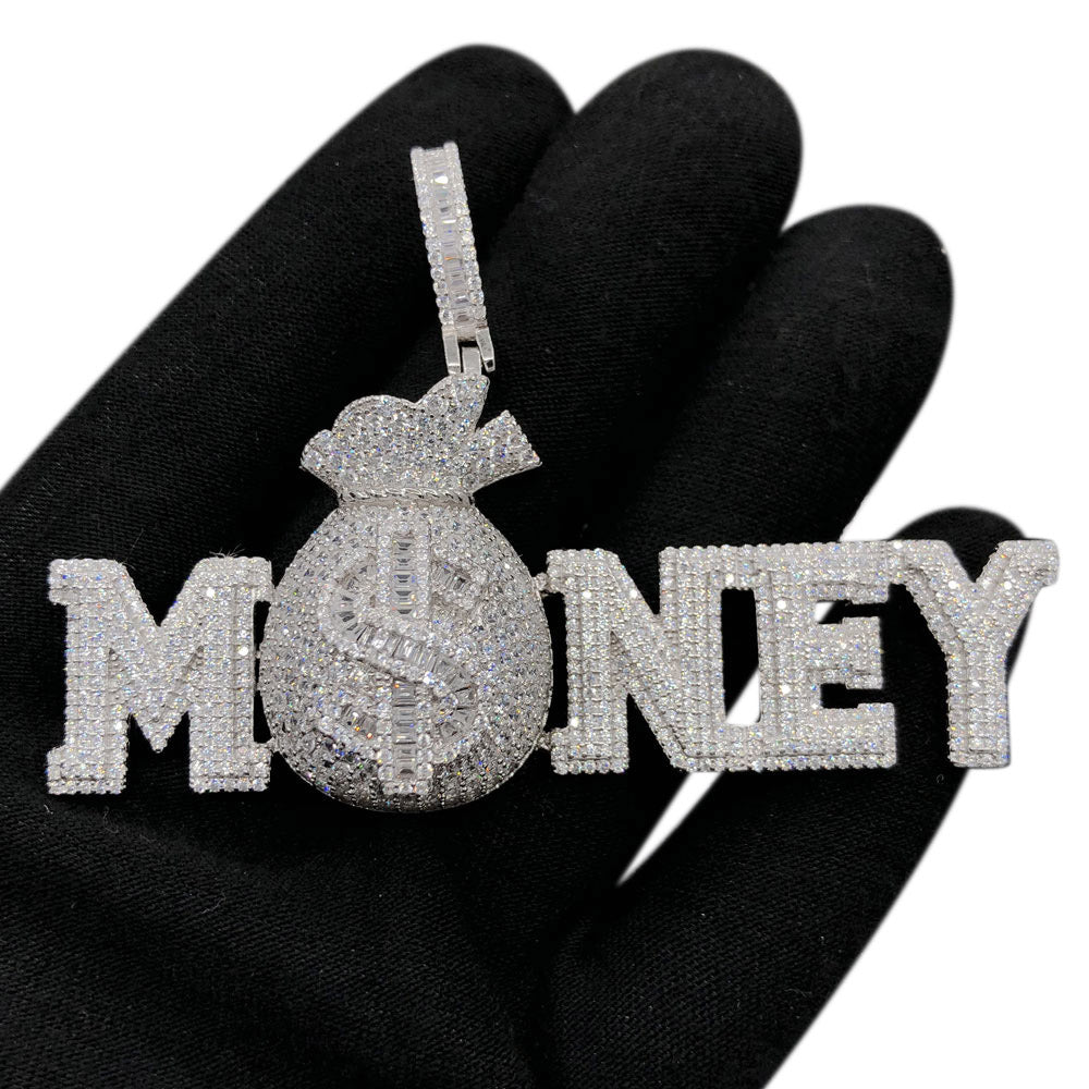 Sterling Silver Iced Out MONEY 3D Pendant