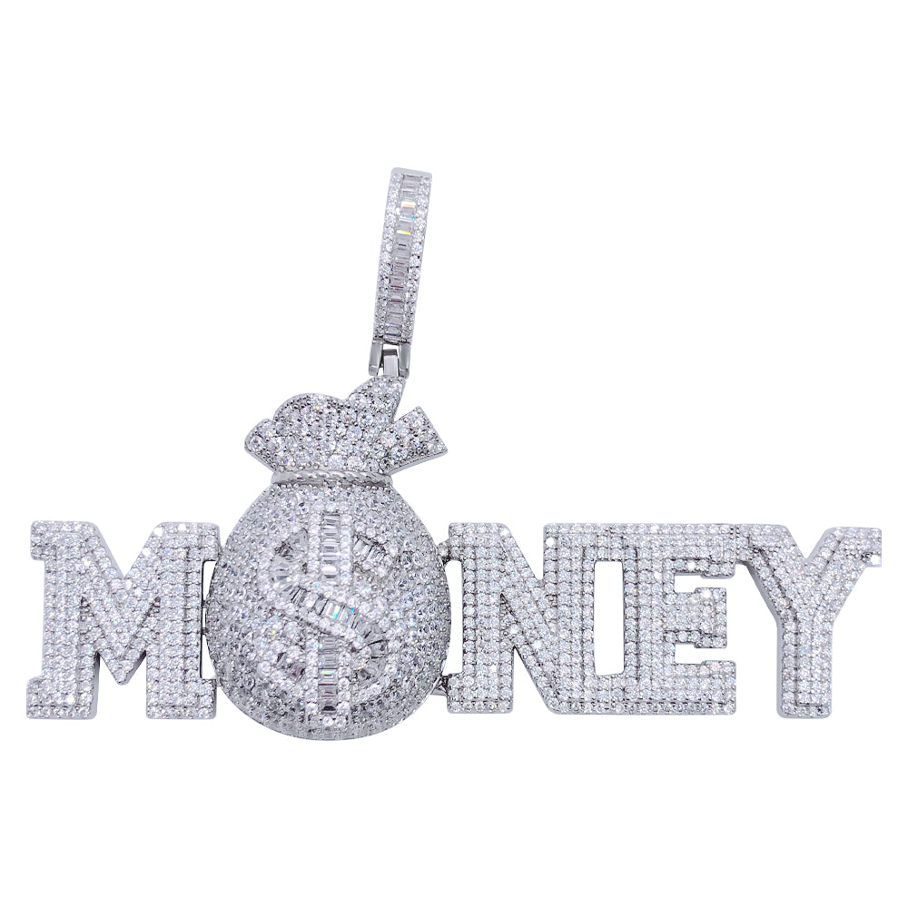 Sterling Silver Iced Out MONEY 3D Pendant
