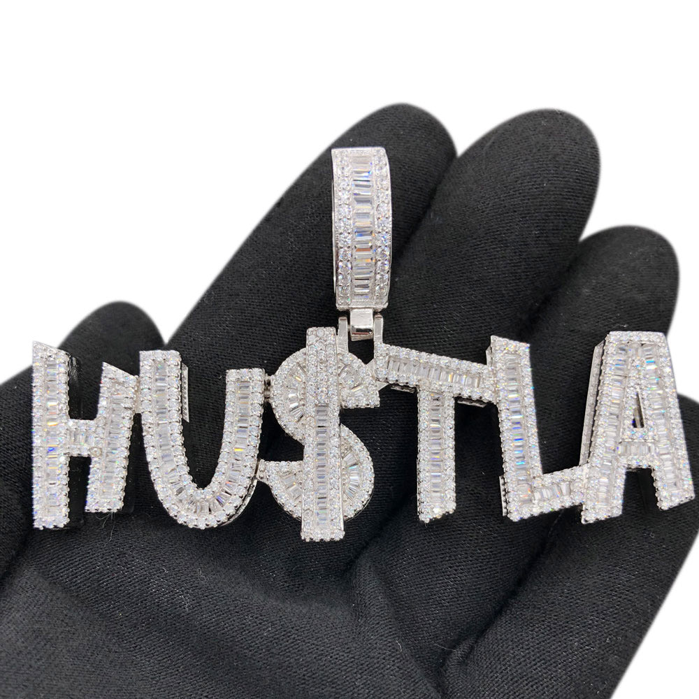 925 Silver Baguette Diamond HUSTLA Pendant