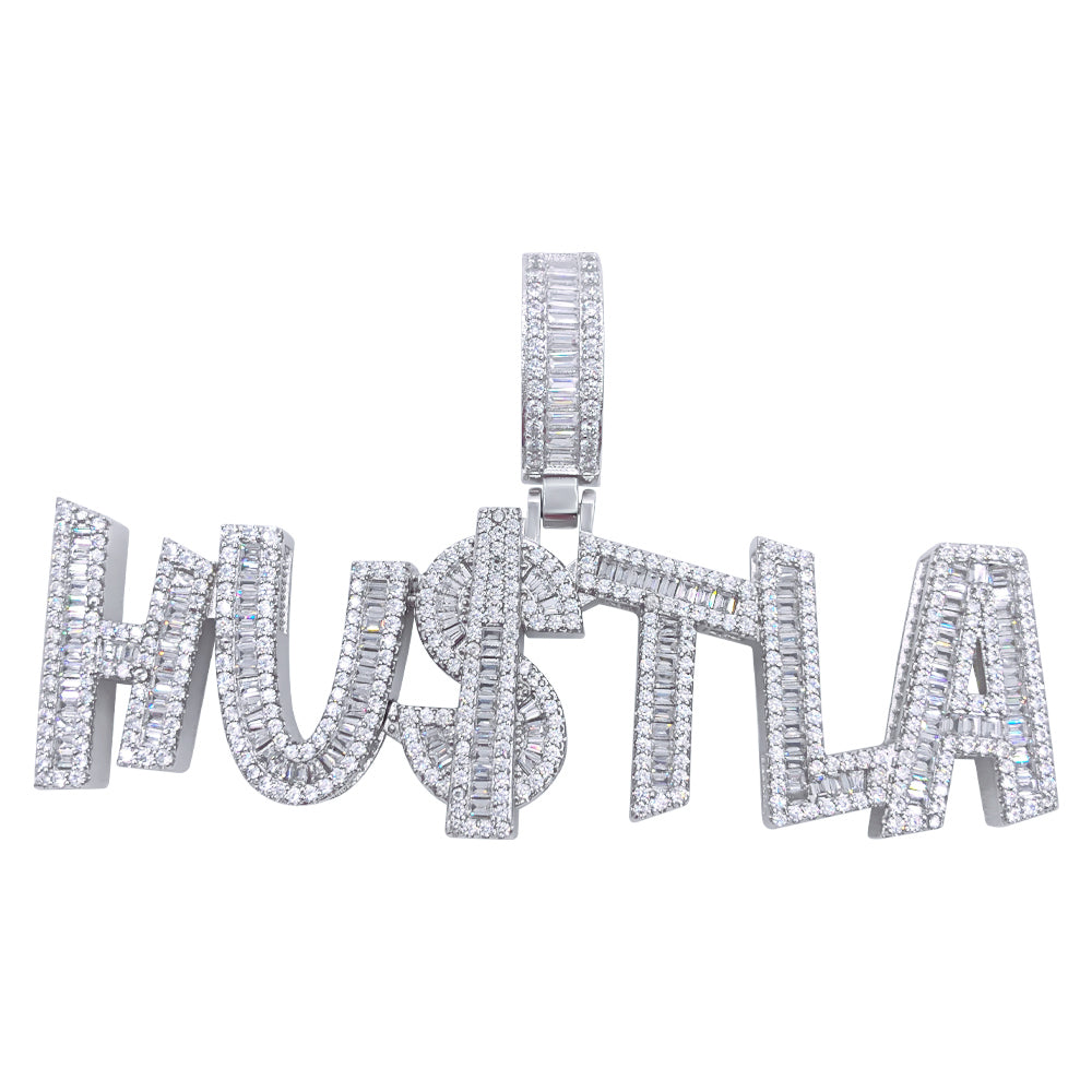925 Silver Baguette Diamond HUSTLA Pendant