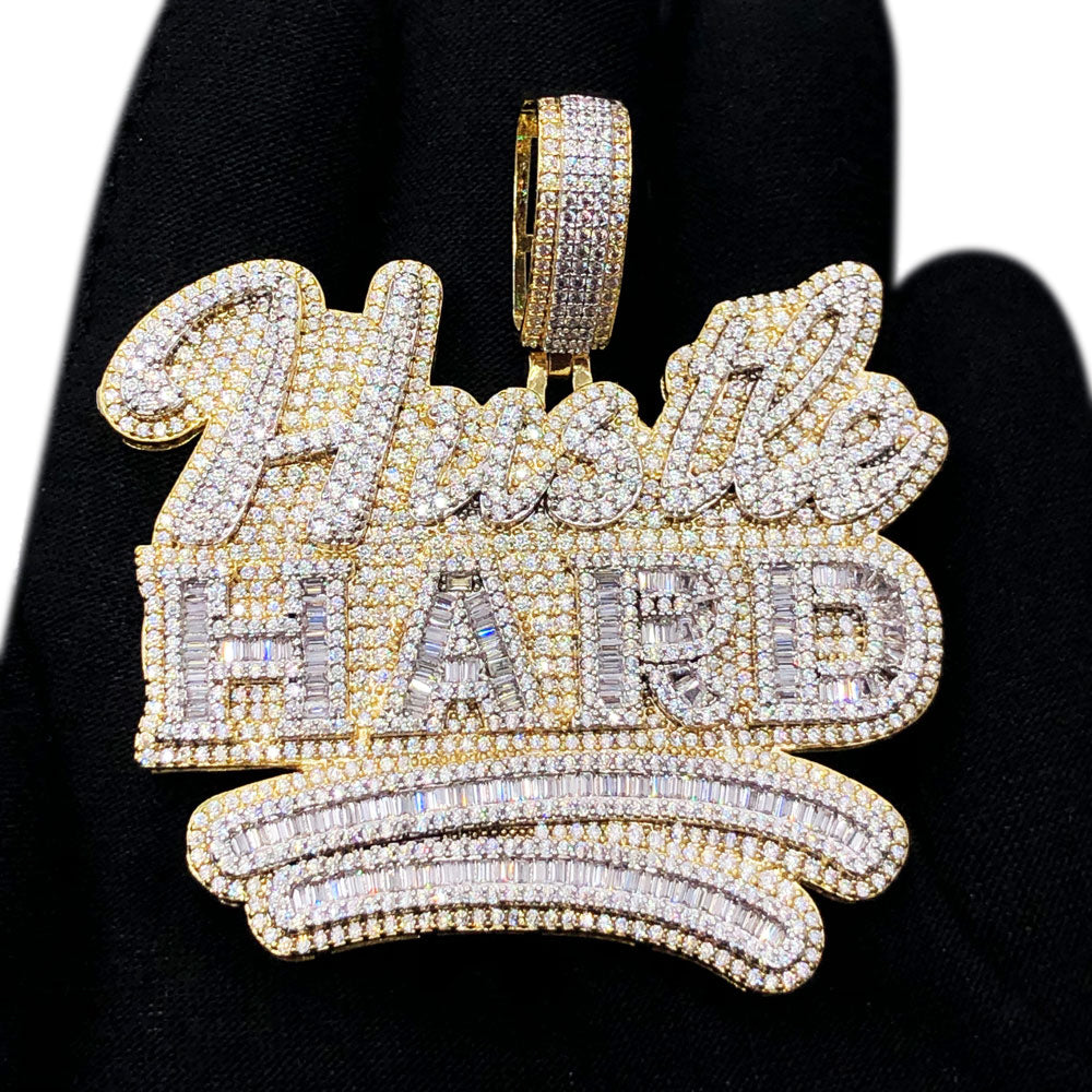 Flawless Baguette Iced Out Hustle Hard Pendant