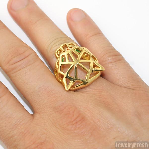 Gold 3D Hollow Tiger Emerald Ring