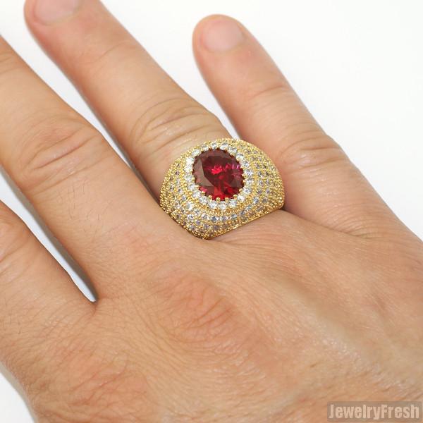 Large Oval Ruby Iced Out Gold Ring