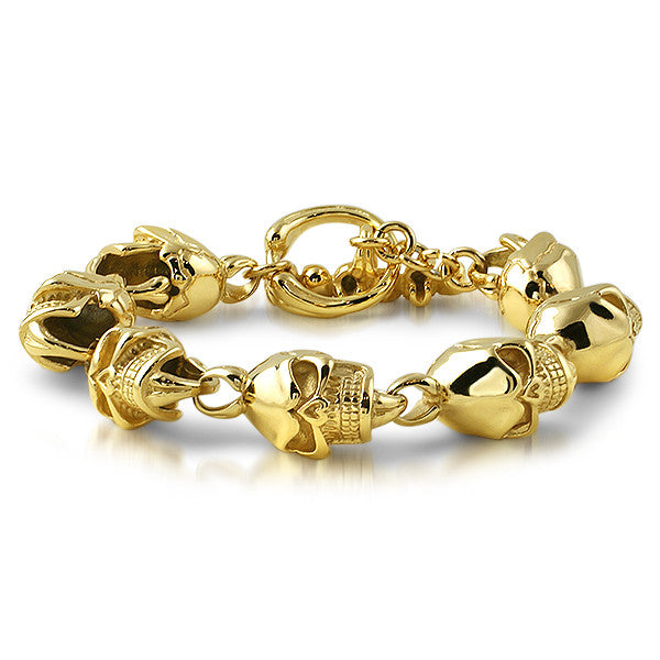 14K Gold IP 3D Skull Stainless Steel Bracelet