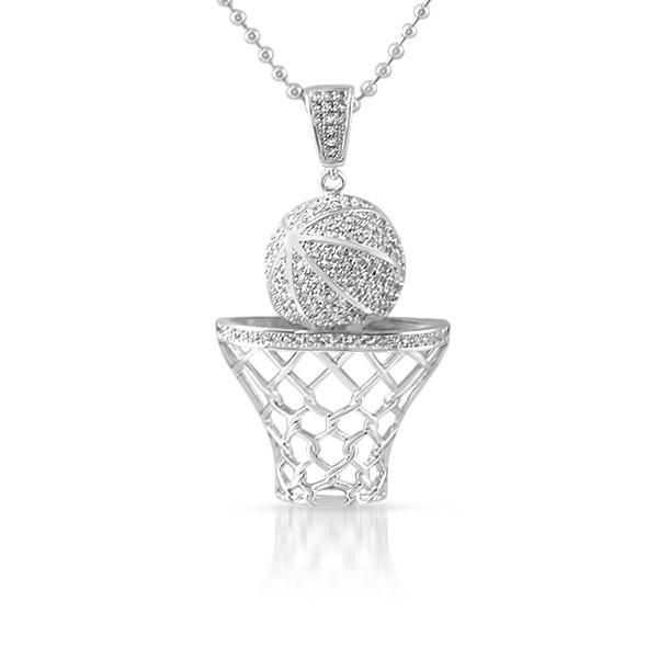 Silver 3D Basketball Hoop Pendant With Chain