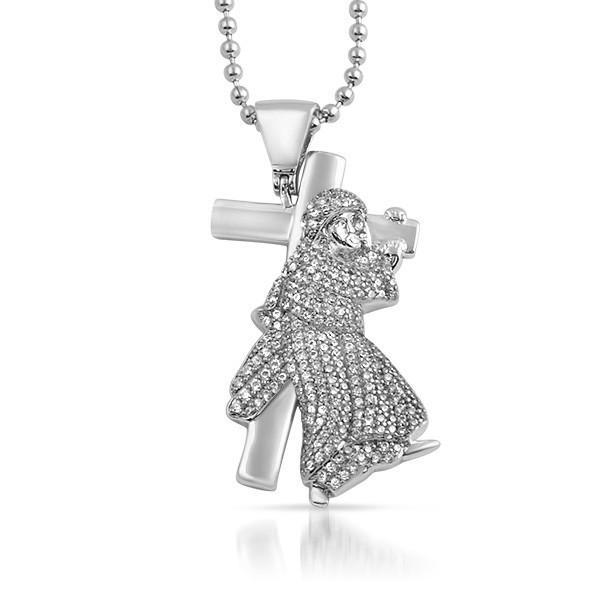 Silver Cross Bearing Jesus CZ Pendant