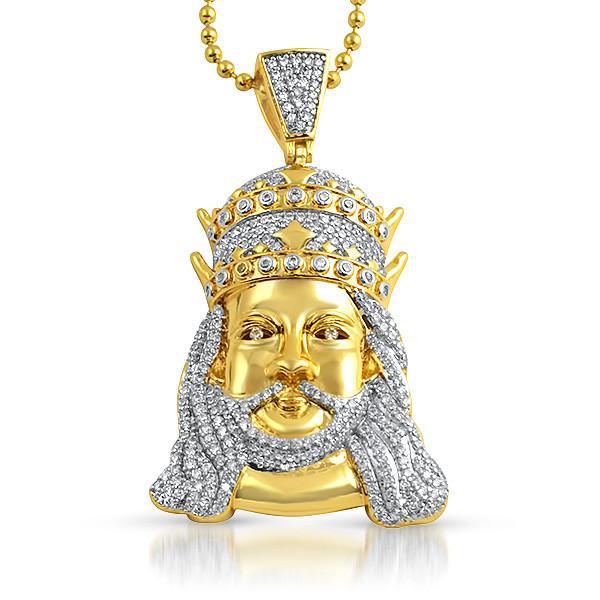Gold Double Crown Jesus Iced Out Pendant