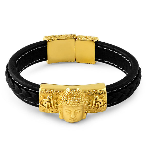 Gold Buddha Mens Black Leather Bracelet