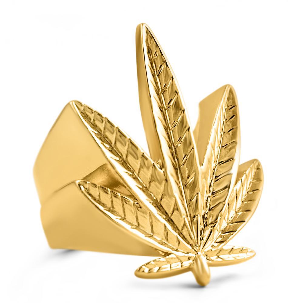 18K Gold 3D Plain Marijuana Leaf Ring