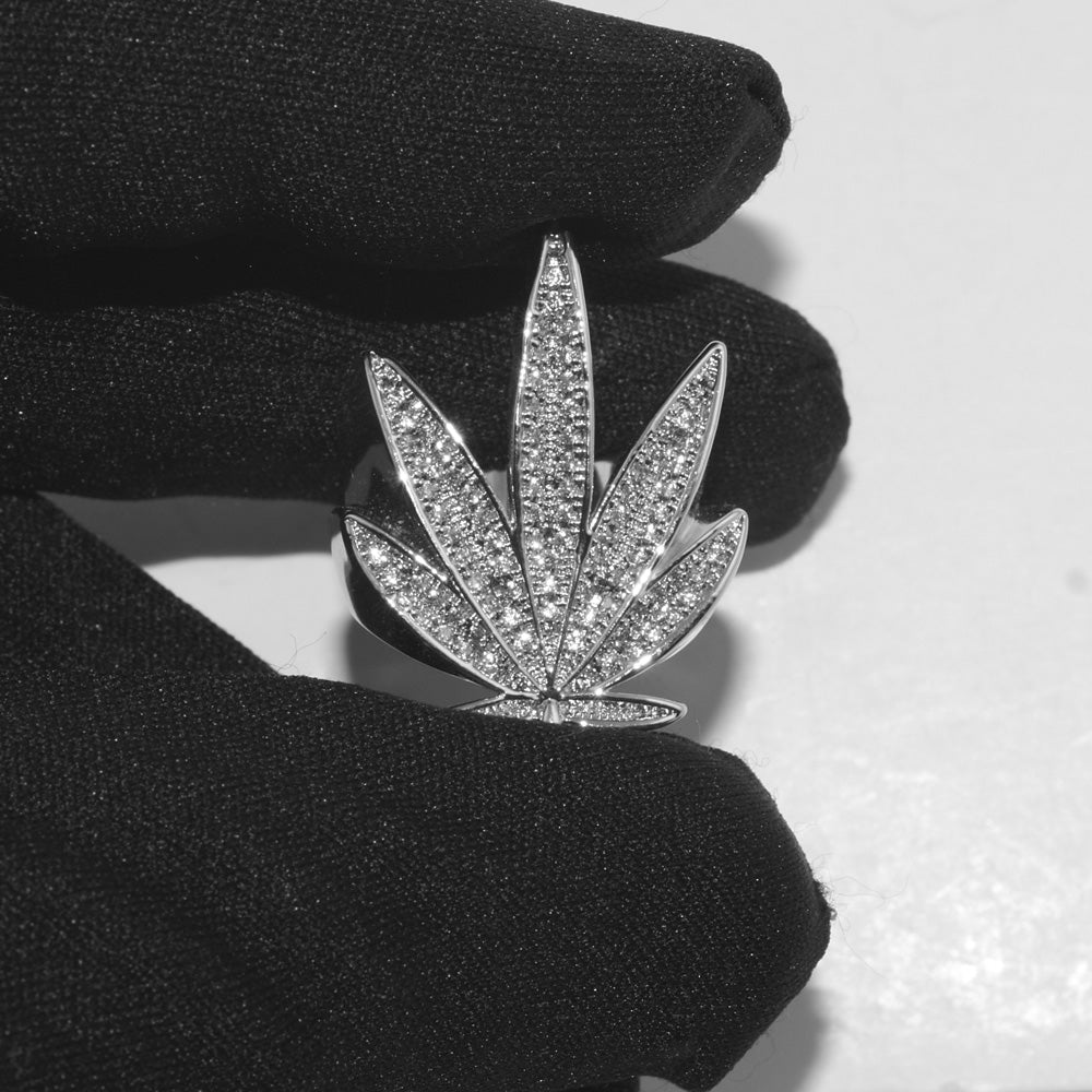 White Gold 3D Marijuana Leaf Iced Out Ring