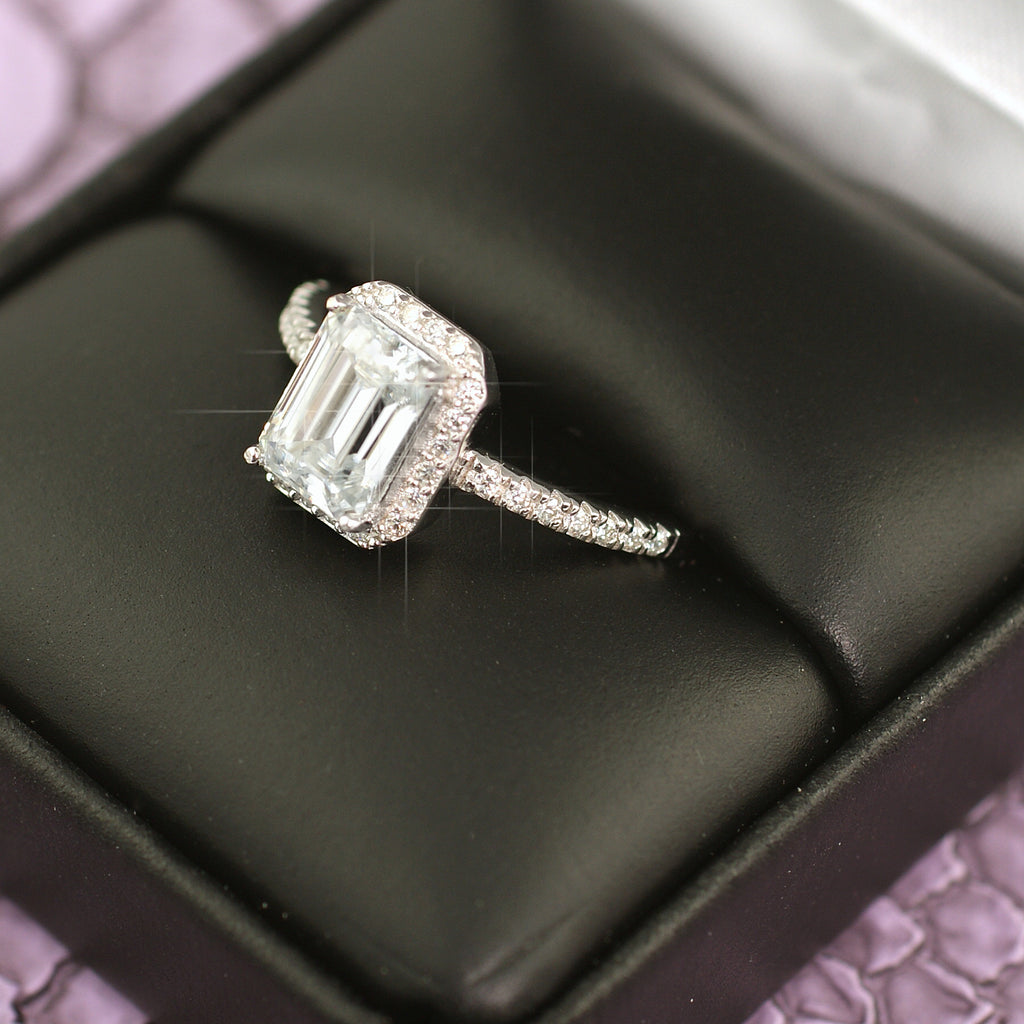 1.77 CTW Moissanite Emerald Cut Halo Engagement Ring