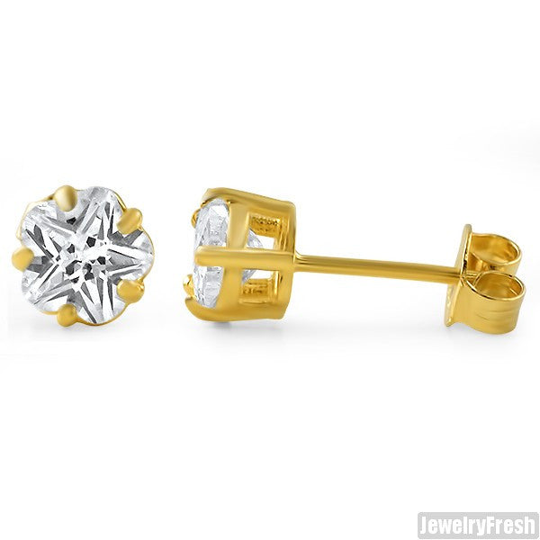 14k Gold Finish Flower Cut CZ Stud Earrings