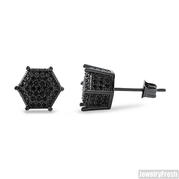 9mm Black 3D Polygon Pave CZ Earrings