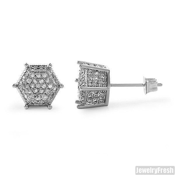 9mm Silver 3D Polygon Pave CZ Earrings