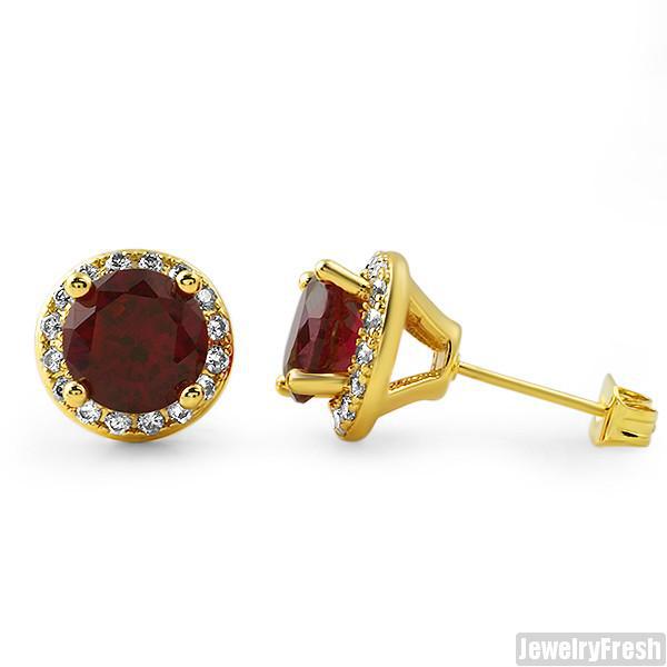 Gold Finish Synthetic Ruby CZ Halo Earrings
