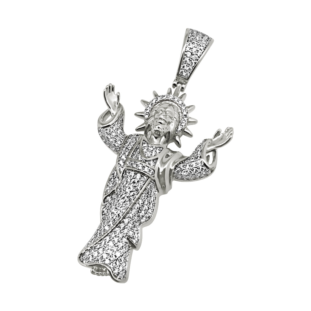 Rhodium Open Arms Jesus Iced Out Pendant