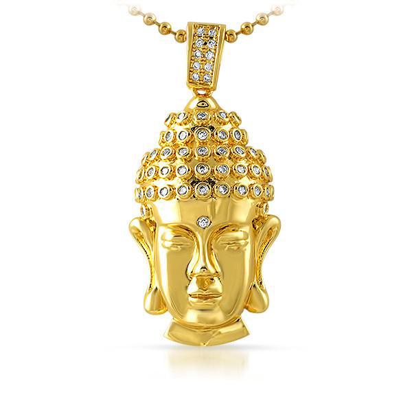Gold 3D Iced CZ Buddha Head Pendant