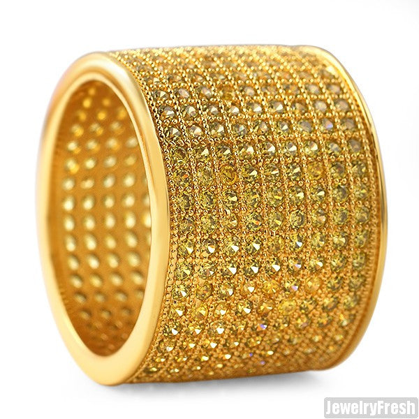 Gold Canary Yellow 9 Row Micropave Iced Out Wide Ring