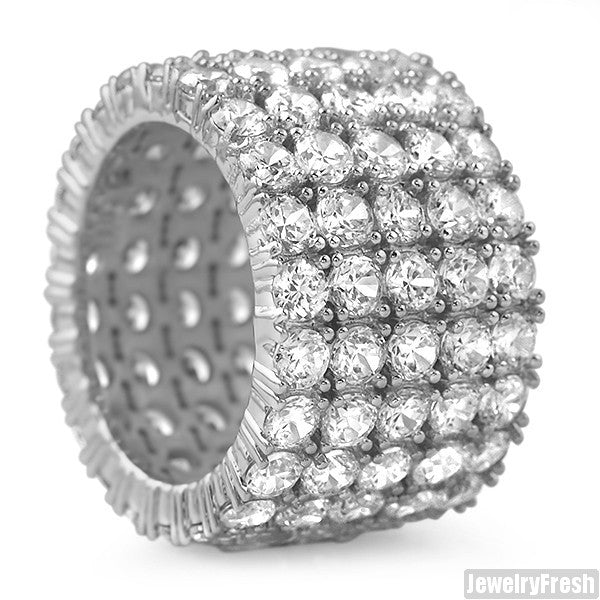 White Gold 5 Row CZ Iced Out Eternity Ring
