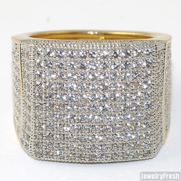 Gold Finish Large Square Iced Out Micropave 360 Ring
