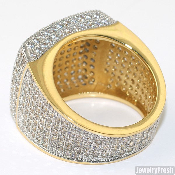 Gold Finish Large Square Iced Out Micropave 360 Ring