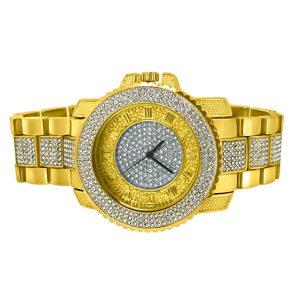 All Gold Metal Band Roman Numeral Iced Watch