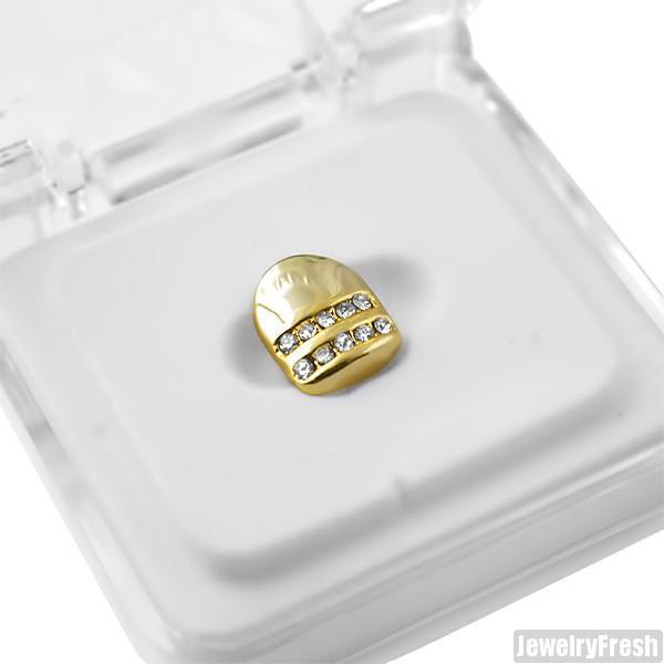 Gold Tone 2 Row Iced Single Tooth Cap Grill