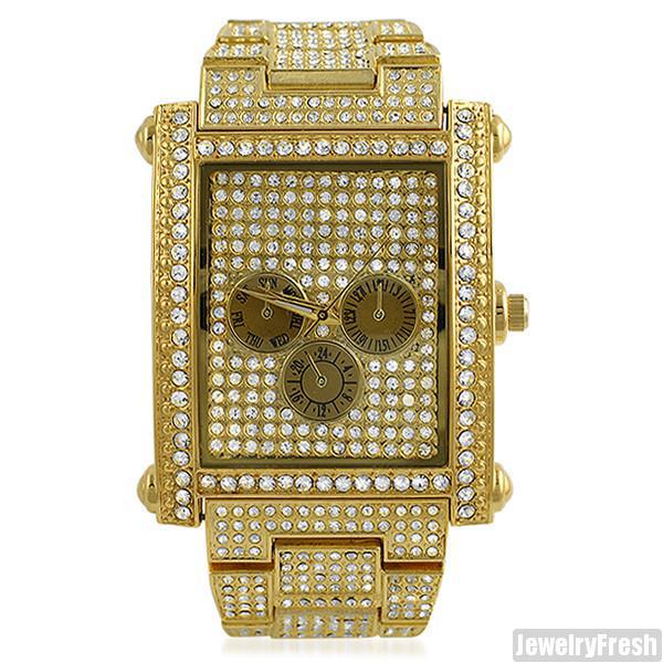 Gold Fully Iced Rectangle Face Czech Crystal Watch