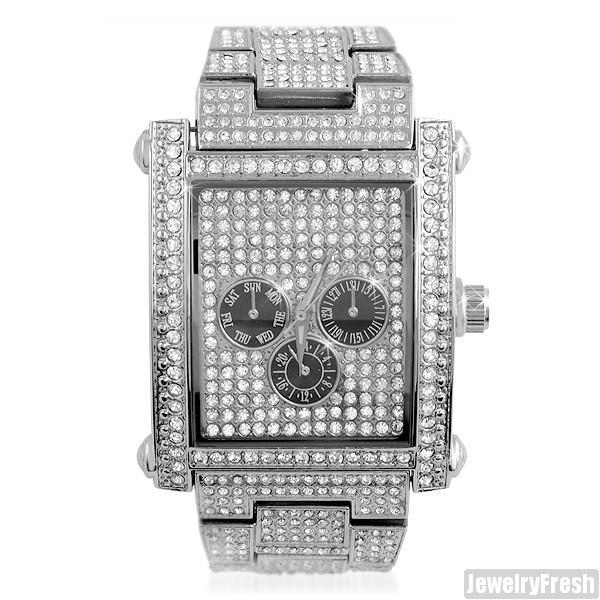 Silver Rectangle Face Full Czech Crystal Mens Watch