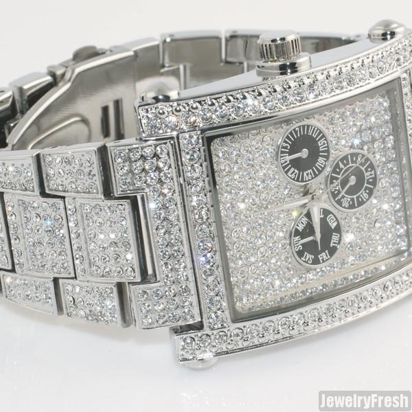 Silver Rectangle Face Full Czech Crystal Mens Watch