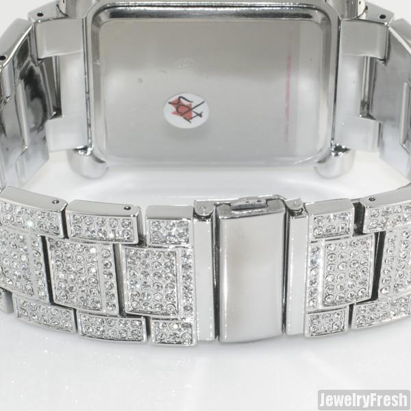 Silver Rectangle Face Full Czech Crystal Mens Watch