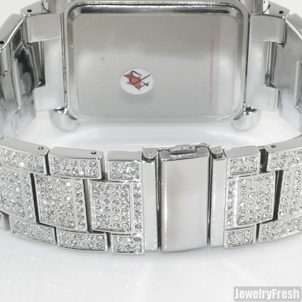 Silver Rectangle Face Full Czech Crystal Mens Watch