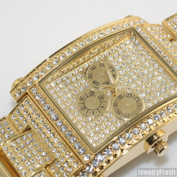 Gold Fully Iced Rectangle Face Czech Crystal Watch