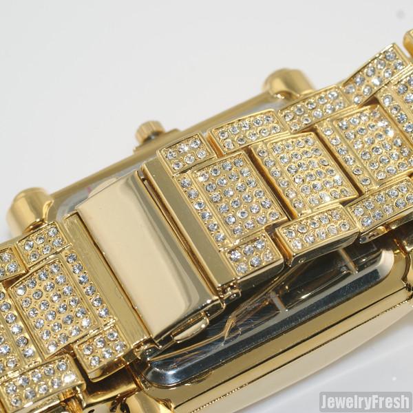 Gold Fully Iced Rectangle Face Czech Crystal Watch