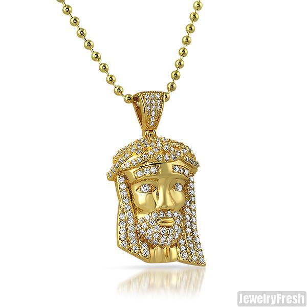 14k Gold Iced Out Mini Jesus Head Pendant