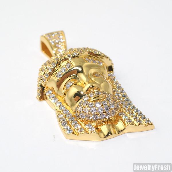 14k Gold Iced Out Mini Jesus Head Pendant