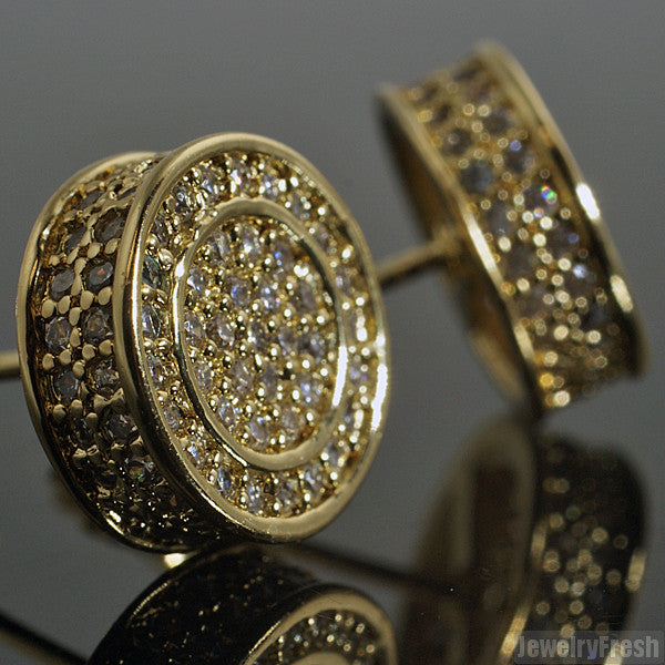 Gold Finish Iced Out 360 Round CZ Earrings