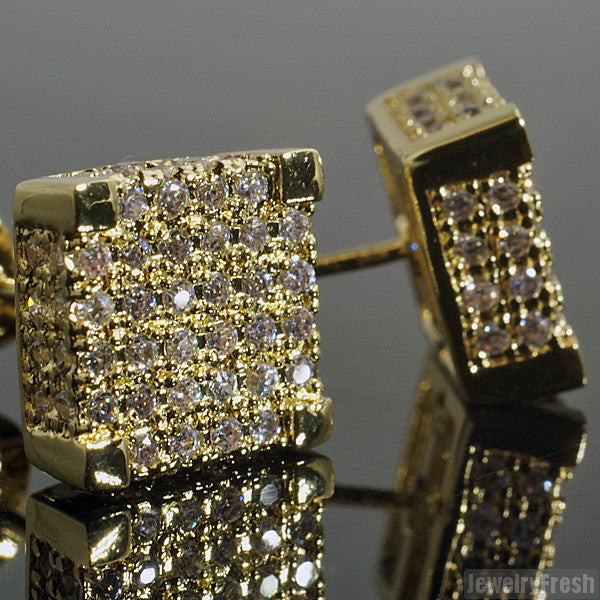 18k Gold Finish CZ Hand Set 9mm Cube Earrings